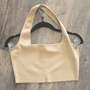 Beige Knit Square-Neck Crop Top